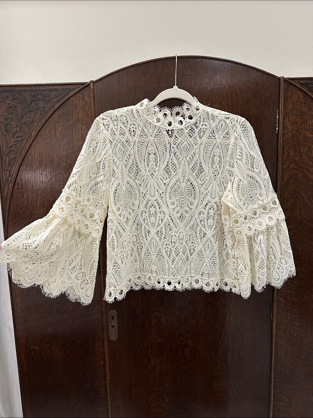 Ivory Crochet Lace Bell-Sleeve Blouse